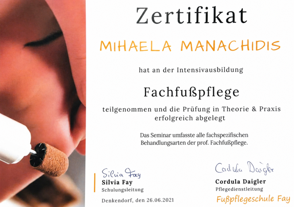 Zertifikat Fachfußpflege Mihaela Manachidis Fußpflege Stuttgart Wohlfühlzeit