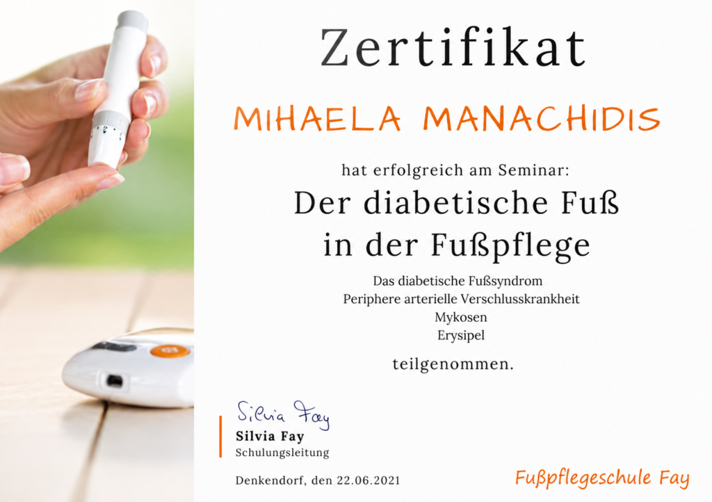 Zertifikat für diabetische Fußpflege und professionelle Fußbehandlung
