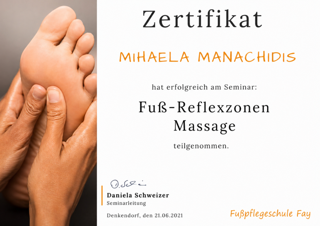 Zertifikat für Fußreflexzonenmassage im Bereich professionelle Fußpflege